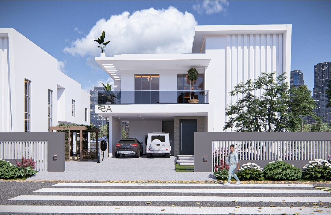 Crown Elevation City contemporary white villa with glass balcony in Lugbe Abuja