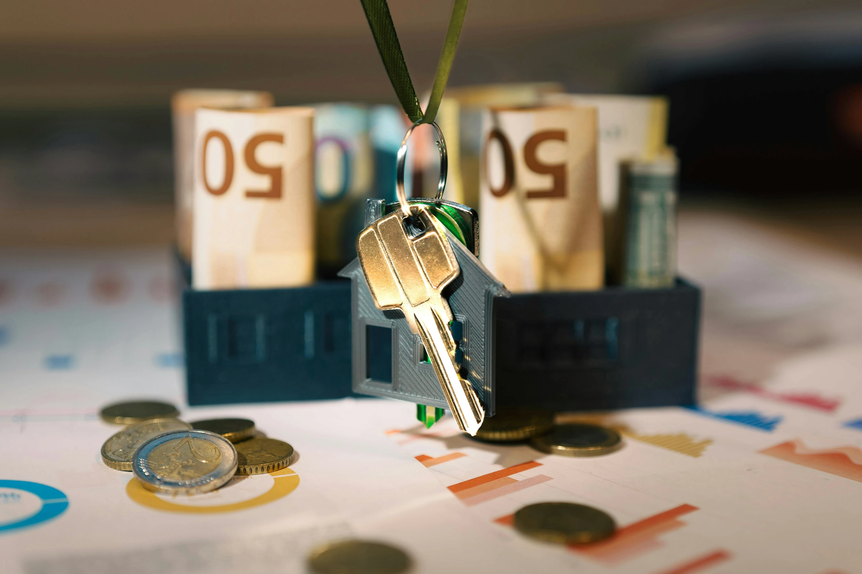 A house shaped keychain with a bunch of money in front of it