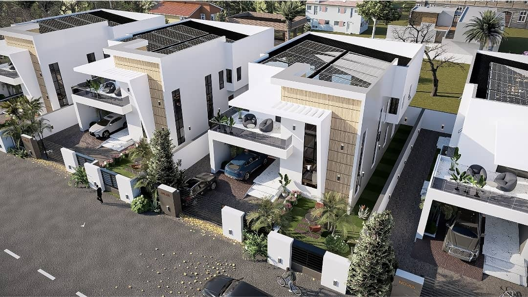 Crown Heritage City aerial perspective of gated villa community with solar roofs in Abeere Osun State
